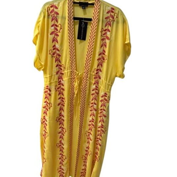 Curations Womens Kaftan Duster Yellow Embroidered Swim Cover Up Boho Gauze NWT - Picture 3 of 10
